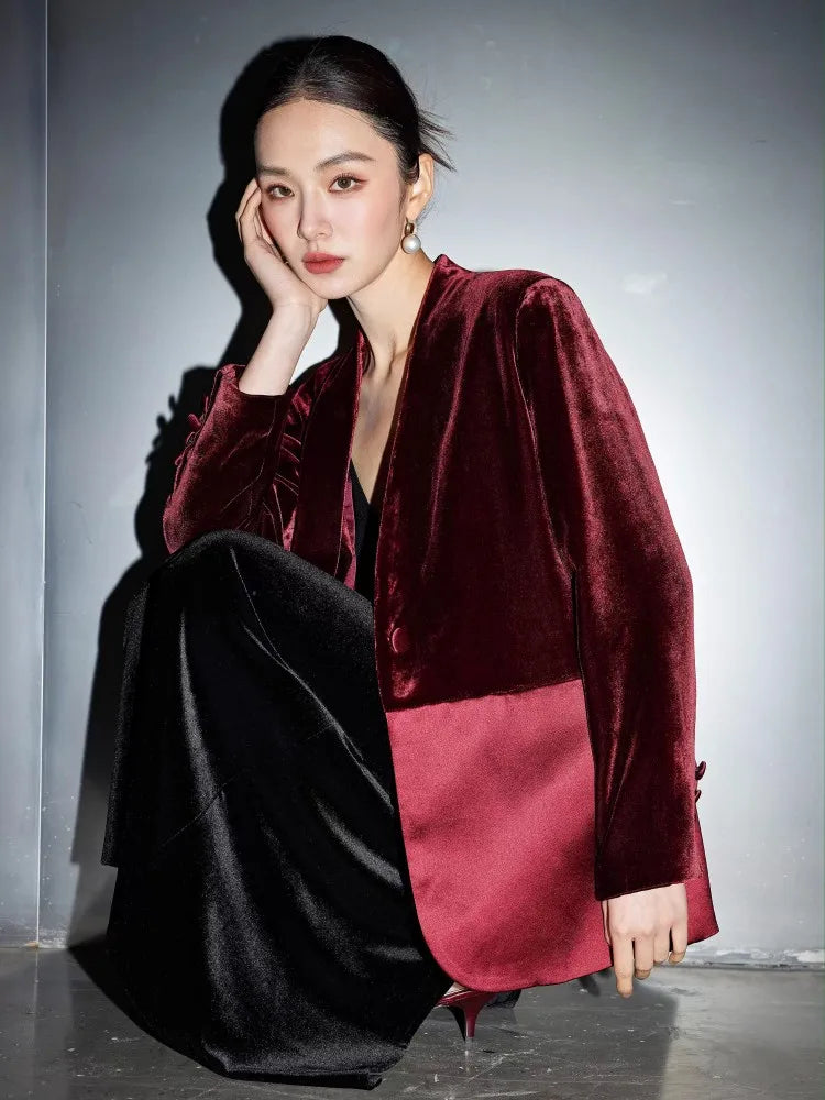 One Button Velvet Spliced Women Blazers Contrast Color Suit Jacket V-Neck Work Lady Loose Fit Outerwear Long Sleeve Autumn Coat