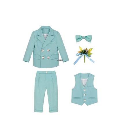 Kid Light Green 5Pieces Suit Set With Jacket Vest Pants Bowtie Brooch Boys Wedding Birthday Party Piano Performance Costume