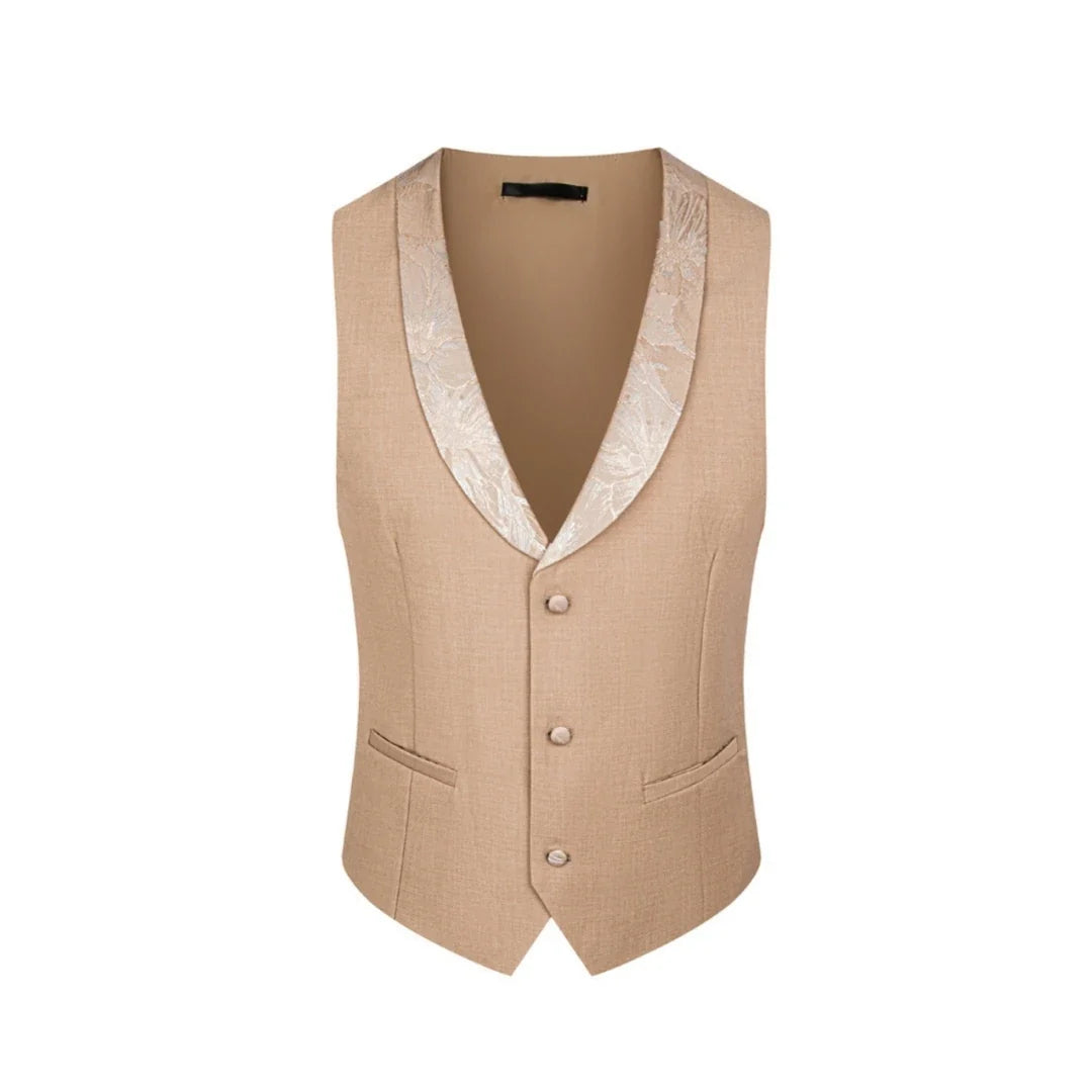 Men Suit 3 Pieces Khaki Floral Pattern Single Button With Lapel For Wedding Banquet Birthday Business Work Jacket Vest Pants