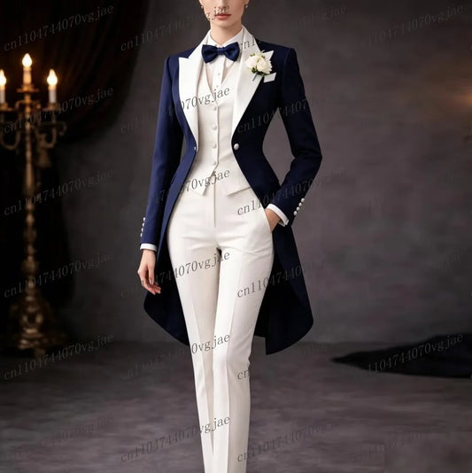 Navy Blue And White Long Women Suit Formal Business Wedding Party Prom Ladies Mother Girl Tuxedos 3 Piece Set Blazer Vest Pants