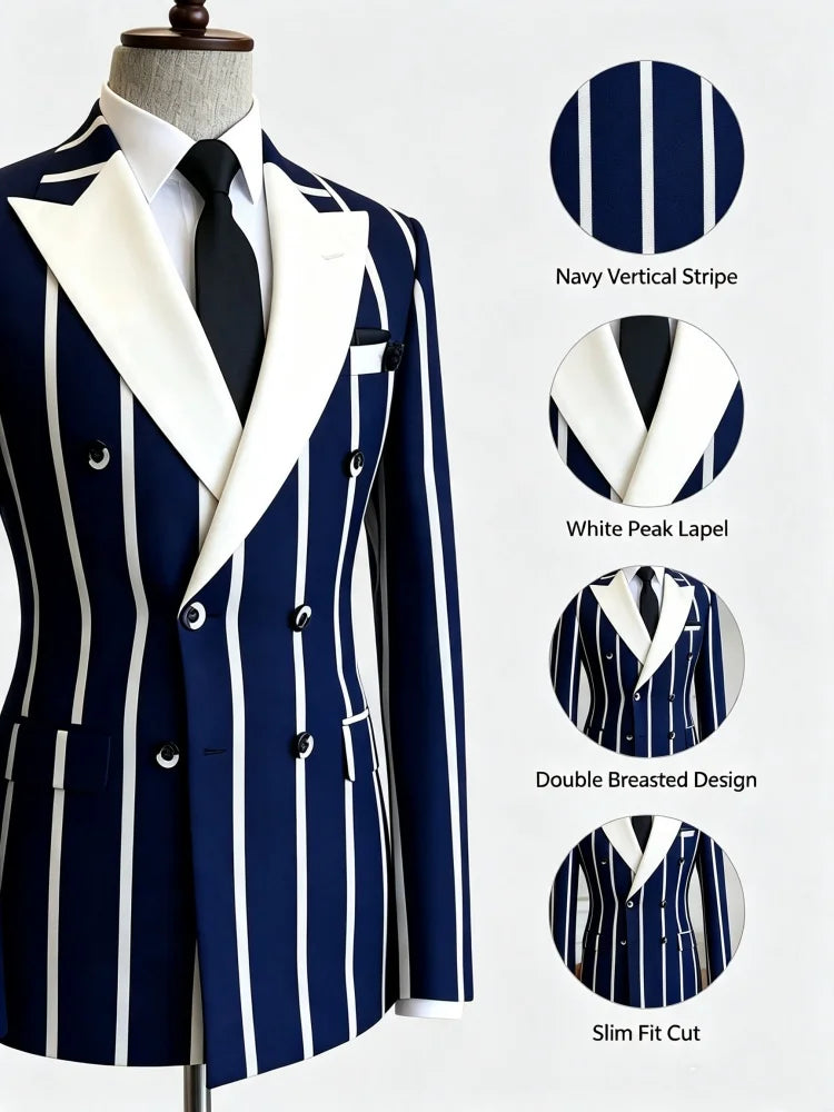 Men's Slim Fit Business Blazer Double Navy Breasted Strip Decor Lapel Flower Brooch Formal Suit Jacket Wedding Groom Work Party