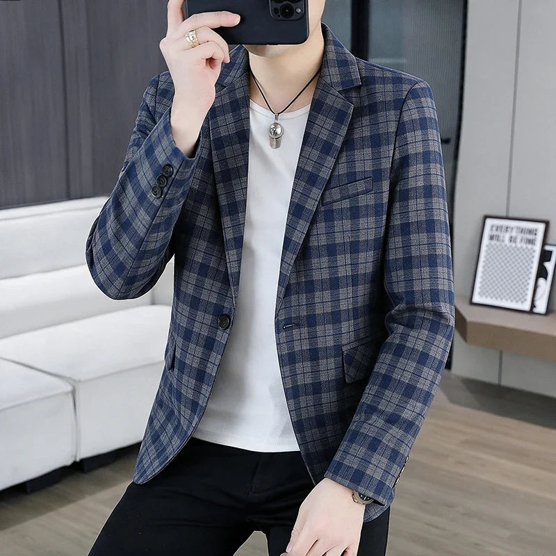 Men's Smart Casual Plaid Blazer – Single Breasted, Slim Fit, Spring Autumn