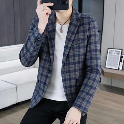 Men's Smart Casual Plaid Blazer – Single Breasted, Slim Fit, Spring Autumn