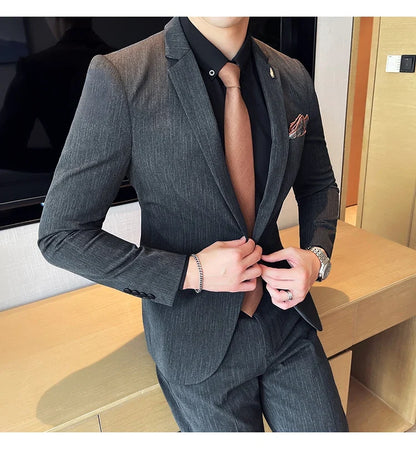 7XL 6XL(Jacket+Pant）Fashion Striped Men Slim Fit Suit Groom Wedding Tuxedo Formal Business Party Slim Fit Social Stage Costume