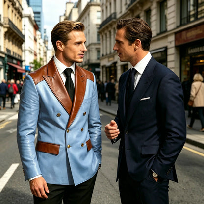 Luxury Men's Colorblock Leather Blazer Double Breasted Notched Lapel Business Casual Suit Jacket Fashion Formal Wear for Wedding