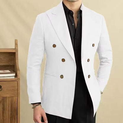 Vintage Men's Linen Blazer Double Breasted Peak Lapel Slim Fit Jacket Breathable Soft Wrinkle Free Business Casual Men Suit Coat