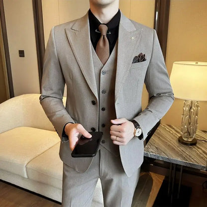 (Blazer + Vest + Trousers) 2024 New Men Formal Business Solid Suit 3 Pieces Set Italian Style Luxury Wedding Social Party Tuxedo