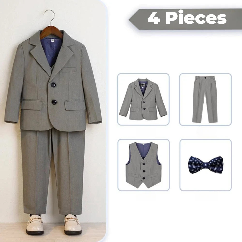Spring Autumn Children Slim Fit Suit Set Comfortable Boy Suits 4 Pieces jacket Vest Pants Bow-tie School Graduation Ceremony