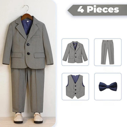 Spring Autumn Children Slim Fit Suit Set Comfortable Boy Suits 4 Pieces jacket Vest Pants Bow-tie School Graduation Ceremony