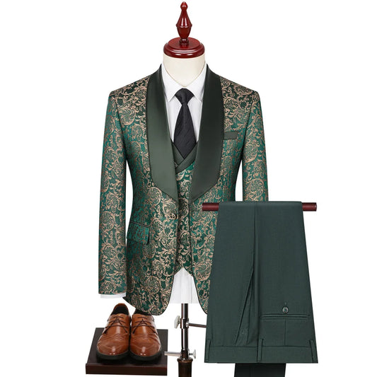Men Suit 3 Pieces Green Printed Striped Pattern With Lapel For Wedding Banquet Work Business Tuxedo Set Jacket Vest With Pants