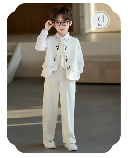 90-160 Kids New Chinese Tang Suit Hanfu Embroidery Suit Flower Boys Host Recitation Performance Costume