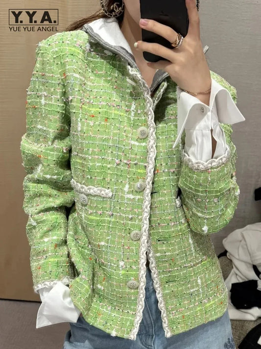 Spring Autumn Elegant Lady Detachable Hood Jacket Long Sleeve Plaid Short Coat Fashion Office Designer Outerwear Single Breasted
