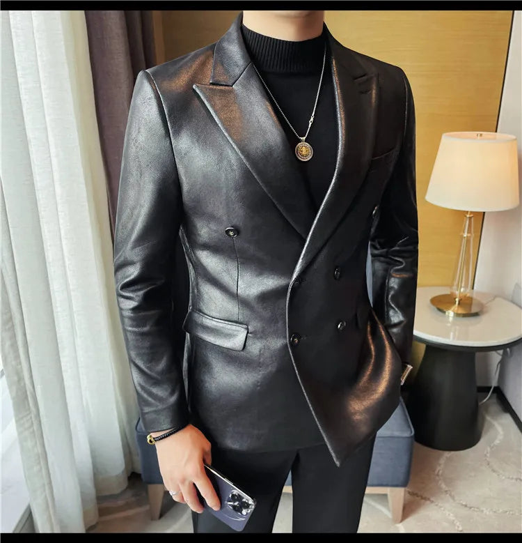 Brand Retro Leather Suit Jacket Men British Style Double Breasted Casual Business Blazers Wedding Groom Party Banquet Jackets