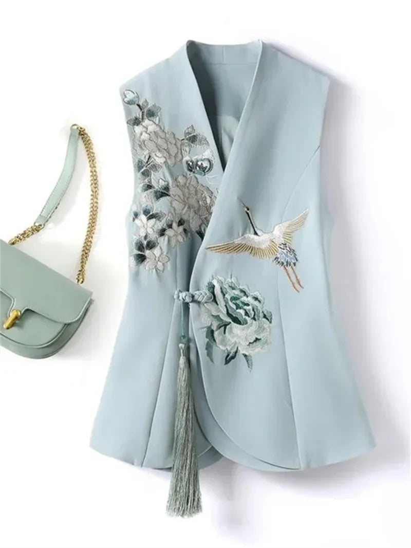 2025 New Spring Chinese National Style Elegant Women Vest Heavy Industry Embroidery Sleeveless Jacket Cardigan Female Waistcoat