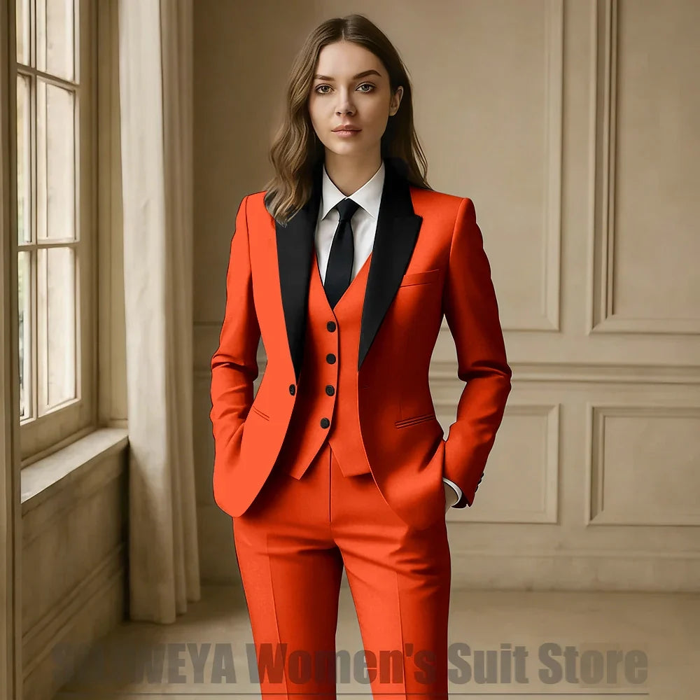 Women Royal Blue 3 Piece Tuxedo Suit Blazer Vest Pants with Black Lapel Slim Fit Formal Party Business Office Outfit