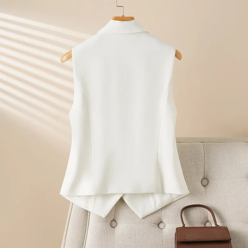 Fashionable White Short Suit Collar Vest for Women, Spring & Fall Style, Workplace Elegant, Slim and Versatile Sleeveless Vest t