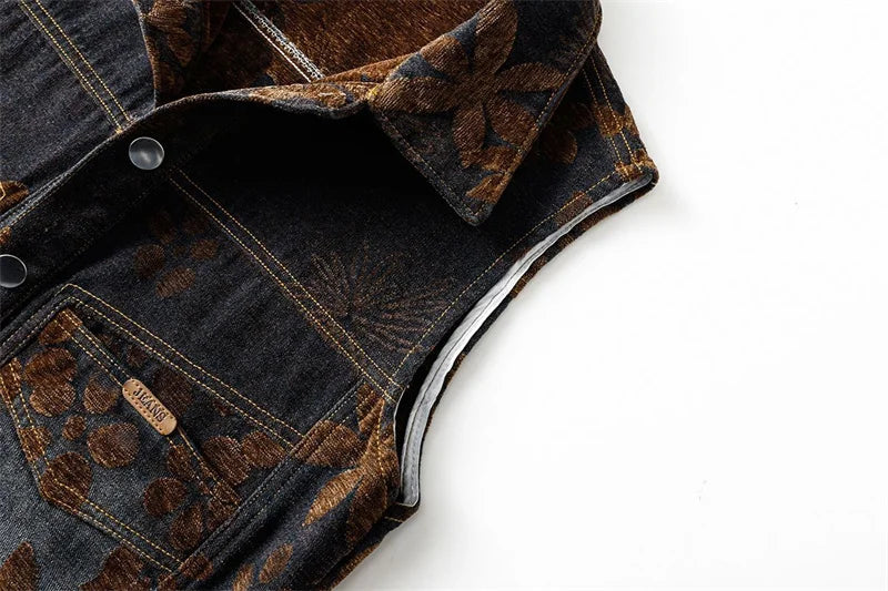 Spring Female Fashion Large Pocket Denim Vest Coat Retro Ladies Flocking Sleeveless Outwear Autumn Women Casual Waistcoat Jacket