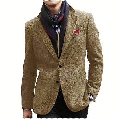 1 Piece Brown Herringbone Blazer Men Notch Lapel Two Buttons Tuxedo Jacket Wedding Business Suits Prom Party Groom Coat Only One