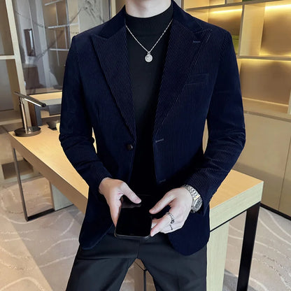 Autumn Winter New Corduroy Striped Suit Jacket Men High Quality Slim Fit Business Social Formal Suit Coats Tailcoat Men Clothing
