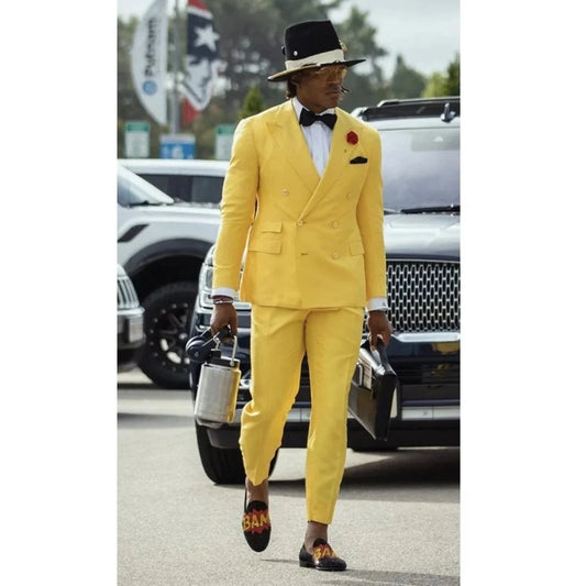 Yellow Terno Men Suits Double Breasted Peaked Lapel Regular Fashion Wedding Groomsmen 2 Piece Jacket Pants Ternos Para Hombre