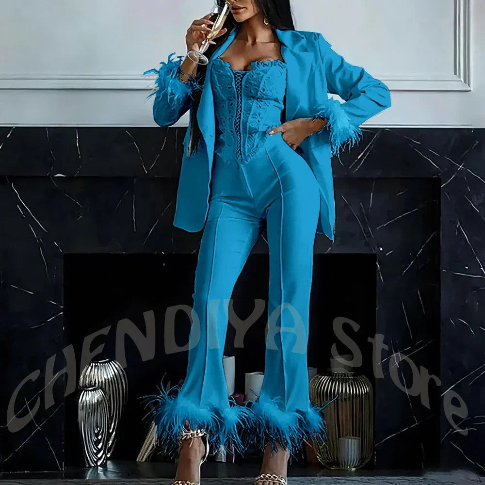 Women's Two Pieces Set Luxury 2026 Slim Fit Notch Lapel Glamorous Feather Blazer Formal Evening Party Tailored Made Outfit