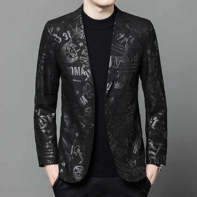 Men's Sheepskin Leather Blazer Single Breasted Winter Moto Jacket