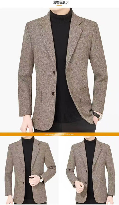 Men's woolen suit spring and autumn jacket is fashionable, cool and versatile. It is a solid-color checkered flat lapel short to