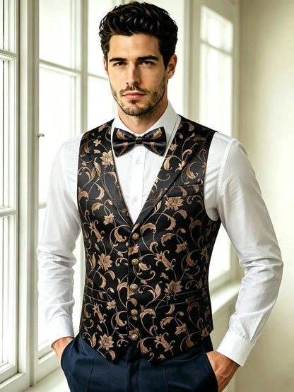 Men's Red Jacquard Floral Vest Notched Lapel Collar – Formal Waistcoat & Bowtie Set