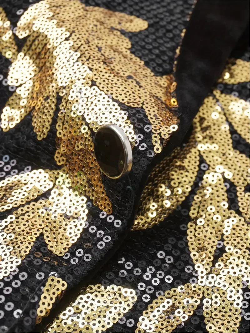 Fashion Gold Black Sequins Blazer For Men Shiny Glitter Sequined Suit Jacket Shawl Collar Wedding Party Banquet Stage Costume