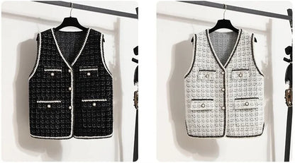 Women's Contrast Knitted Vest New Autumn Short Sleeveless Jacket V-neck Single Breasted Waistcoat Female Coats Chaleco Mujer