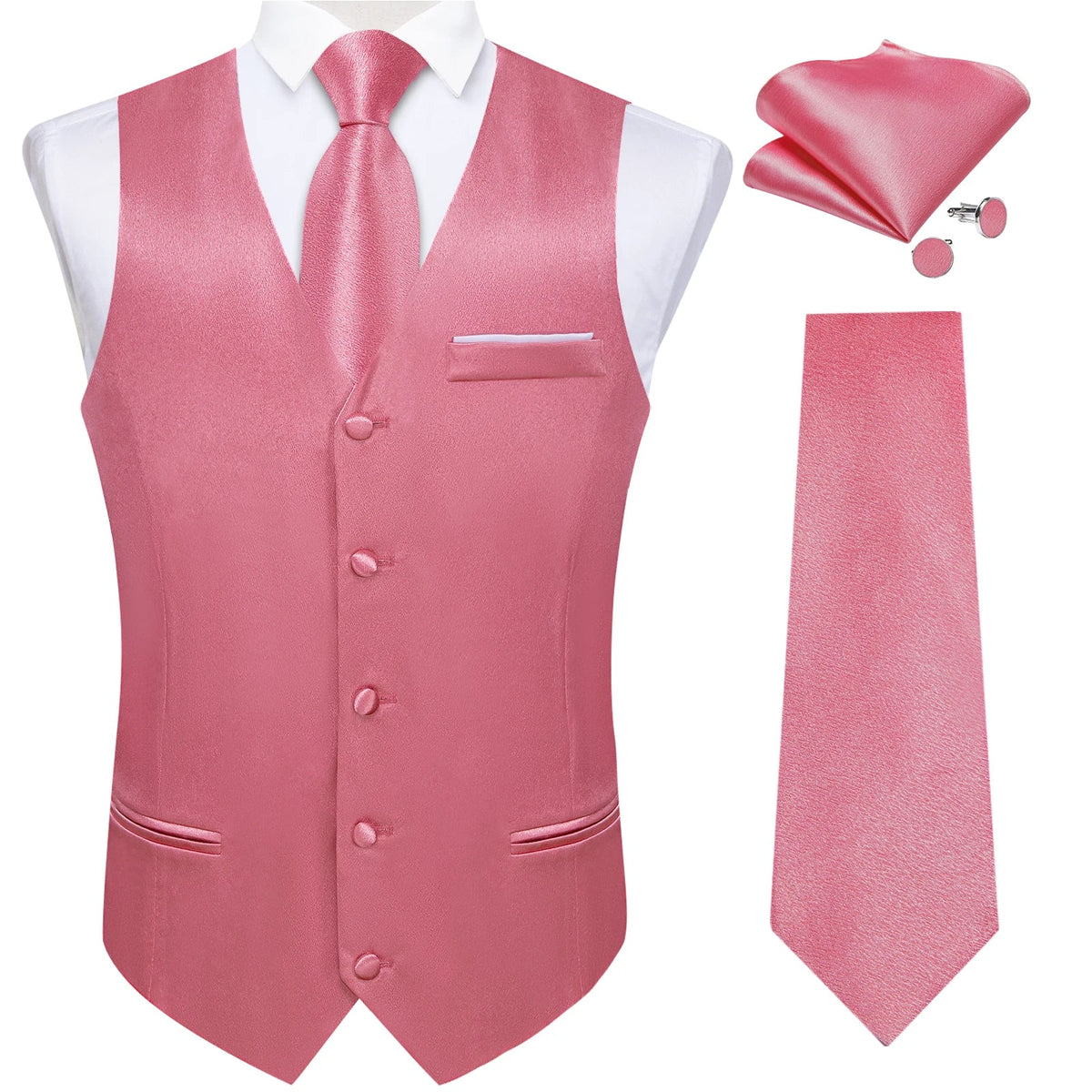 Men's Satin Suit Vest Set with Tie Handkerchief and Cufflinks for Wedding and Prom