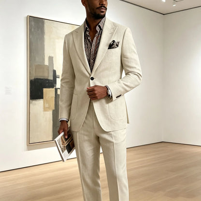 Men's Linen Blend Suit 2 Pieces Set Solid Color Peak Lapel Slim Fit One Button Jacket Pants Formal Outfit Wedding Business Casua