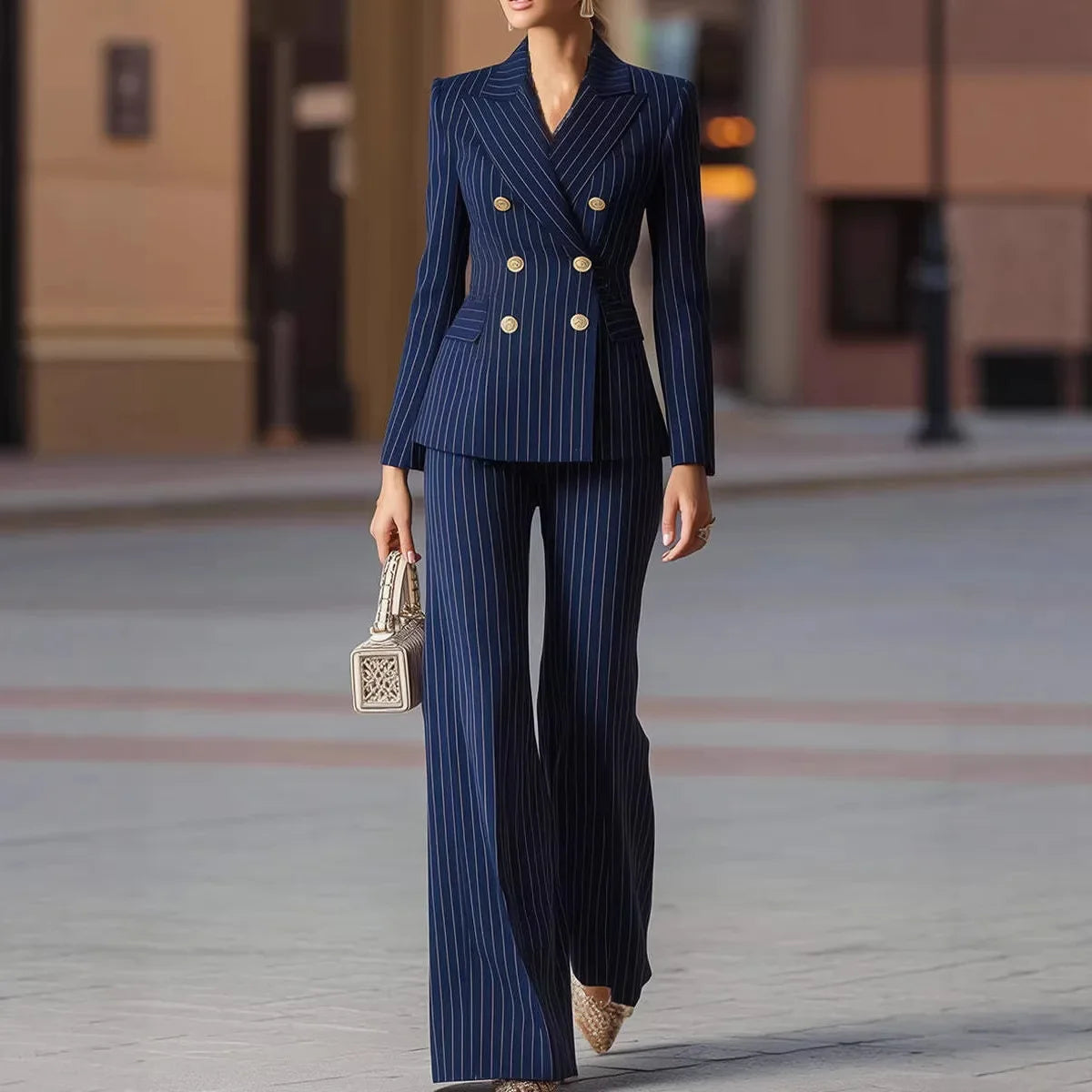 Autumn Pant Suit Women Striped Female Business Work Wear Jacket Blazer Trouser Formal 2 Piece Set Women's Clothing