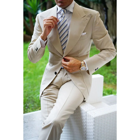 Tailor Made 2 Pieces Beige Men Suit Slim Fit Groom Tuxedos Formal Business One Button Blazer Jacket Pants Terno Masculino