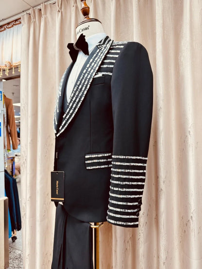 Fashion Crystal Men's Suits 3 Pieces Wedding Party Wear High Quality Man Peak Lapel Suit Set Stage Performance Costumes S-3XL