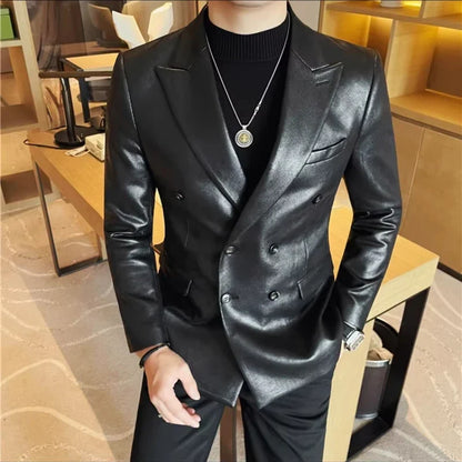 Brand Retro Leather Suit Jacket Men British Style Double Breasted Casual Business Blazers Wedding Groom Party Banquet Jackets
