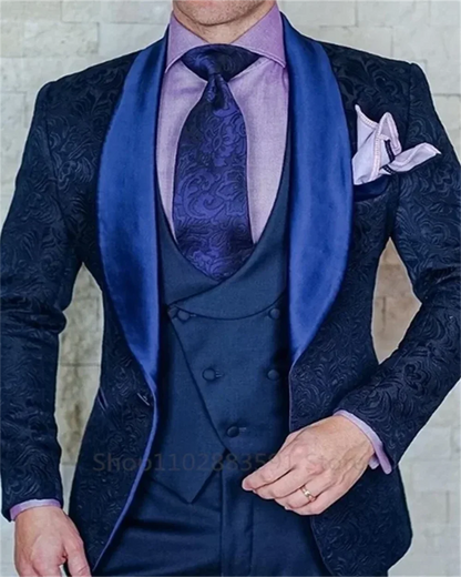 3 Pièces Noir Jacquard Mariage Fête Tuxedo Pour Marié Revers Châle Slim Fit Costumes Homme Gilet Pantalon