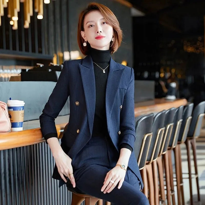 Elegant Office Ladies Two Piece Sets Womens Outifits 2025 New Double Breasted Long Sleeve Blazers Loose Casual Pant Suits