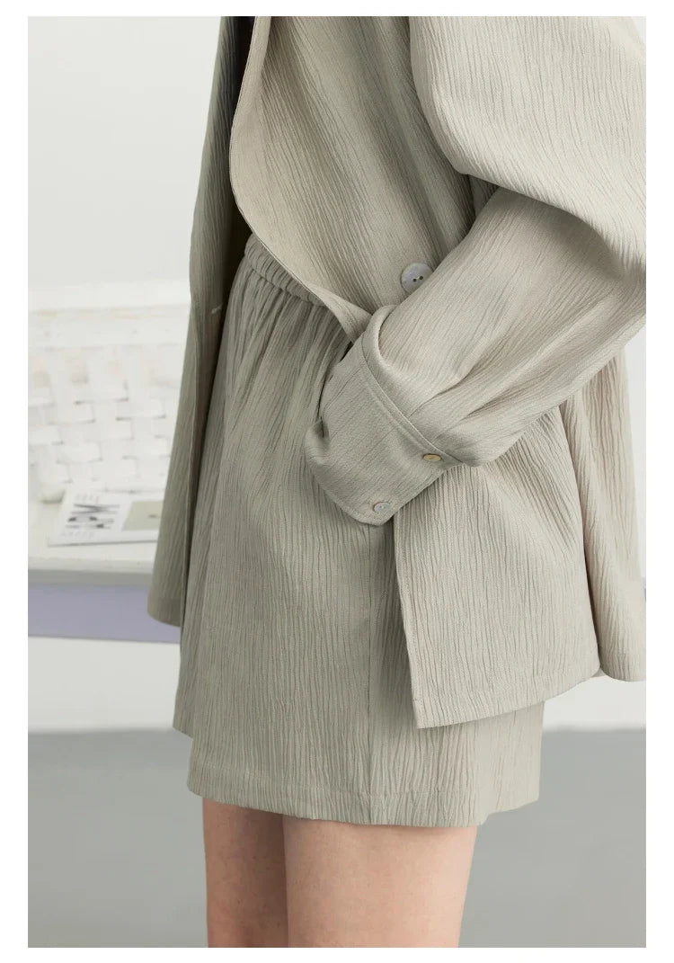Women's Blazer Solid Casual Long Sleeve Jacket Texture Thin Suit Coat Shorts Office Lady Tops 2023 Summer New Fashion