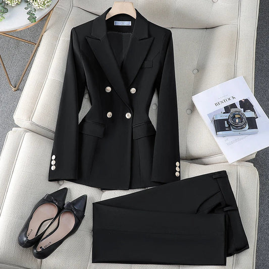 Business Chic Formal Blazer Suit Trousers Two Pieces Womens Outfit 2025 Autumn Elegant Double Breasted Jacket and Pant Sets