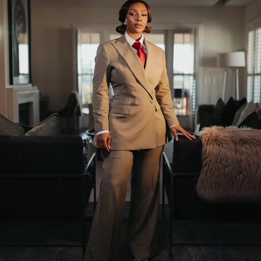 Timeless Classic Women Khaki Double Breasted Suit Set Office Business Powerful Jacket Pants Formal Evening Party Female Outfit