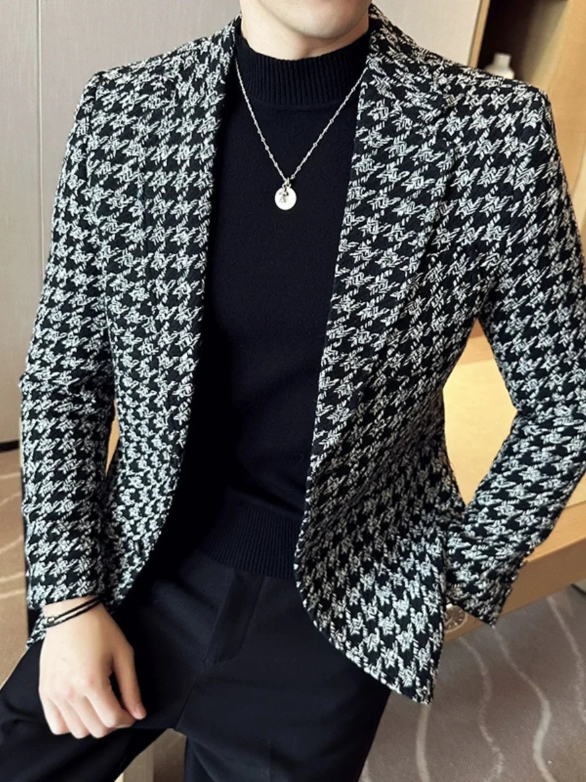 2023 Autumn Winter Plaid Men Blazers Thickened Casual Business Suits Jackets Single Buckle Wedding Groom Streetwear Social Coat
