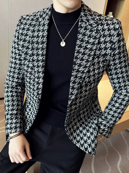 2023 Autumn Winter Plaid Men Blazers Thickened Casual Business Suits Jackets Single Buckle Wedding Groom Streetwear Social Coat