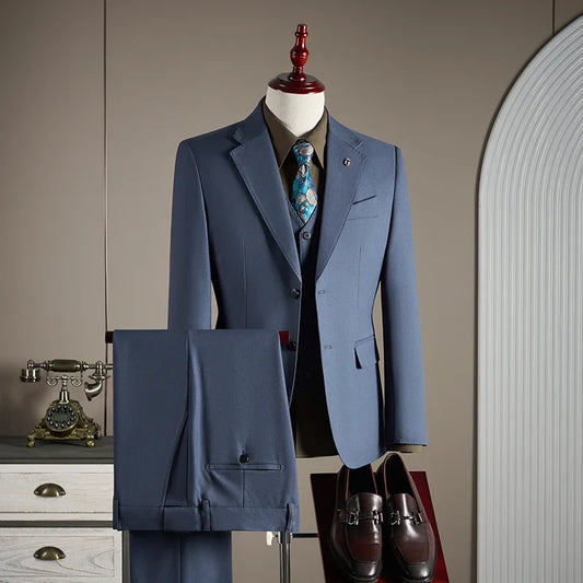 15% High-End Wool Suit for Men, Fashionable and Stylish Wedding, British-Style Business Casual Gray-Blue Suit Three-Piece Set