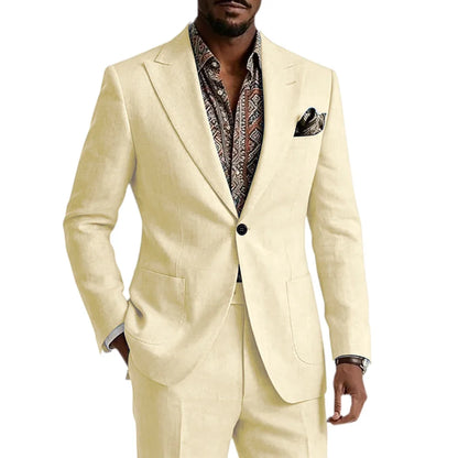 Men's Linen Blend Suit 2 Pieces Set Solid Color Peak Lapel Slim Fit One Button Jacket Pants Formal Outfit Wedding Business Casua