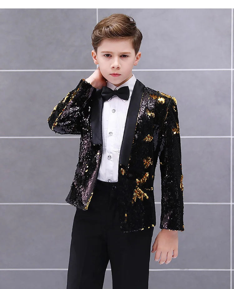 Boys Gradient Sequins Formal Wedding Birthday Party Suits Kids Jacket pants Bowtie 3pcs Price Piano Performance Costume