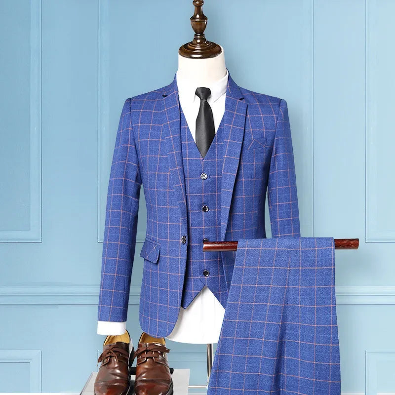 Men's 3-Piece Plaid Suit – Smart Casual Business Formal Set for Men