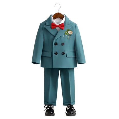 Flower Boys Wedding Outfit Kids Spring Autumn Jacket Vest Pants Bowtie Brooch 5Pieces Suit Set Children's Performance Costume