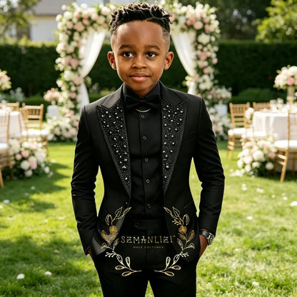 Wedding Boy Suits Tuxedos High Quality Flower Boy Wear Beadding Crystal Shawl Lapel Formal Kids Suit Blazer Pants