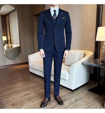(Blazer + Vest + Trousers) 2024 New Men Formal Business Solid Suit 3 Pieces Set Italian Style Luxury Wedding Social Party Tuxedo